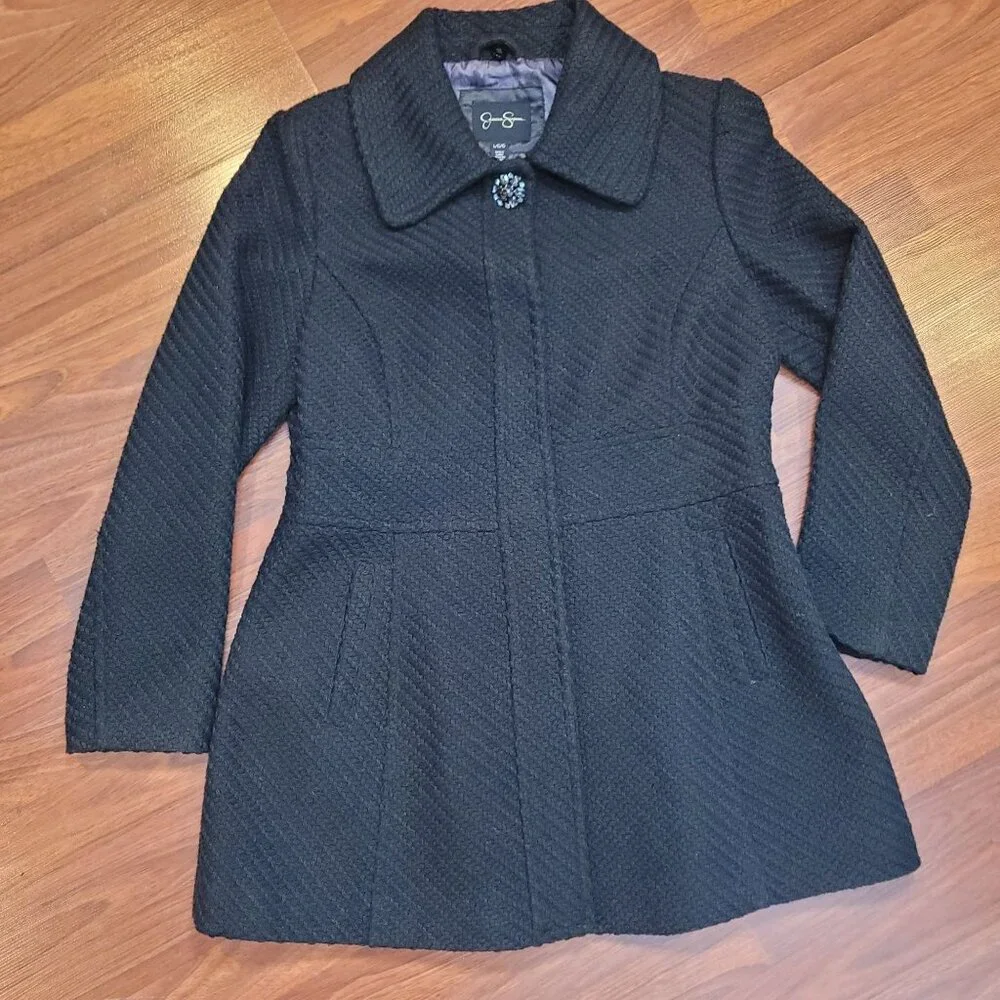Jessica Simpson Black Faux Fur Collar Textured Womens Coat L - Picture 14 of 16